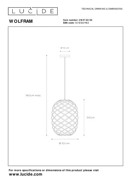 Lucide WOLFRAM - Suspension - Ø 32 cm - 1xE27 - Noir - TECHNISCH